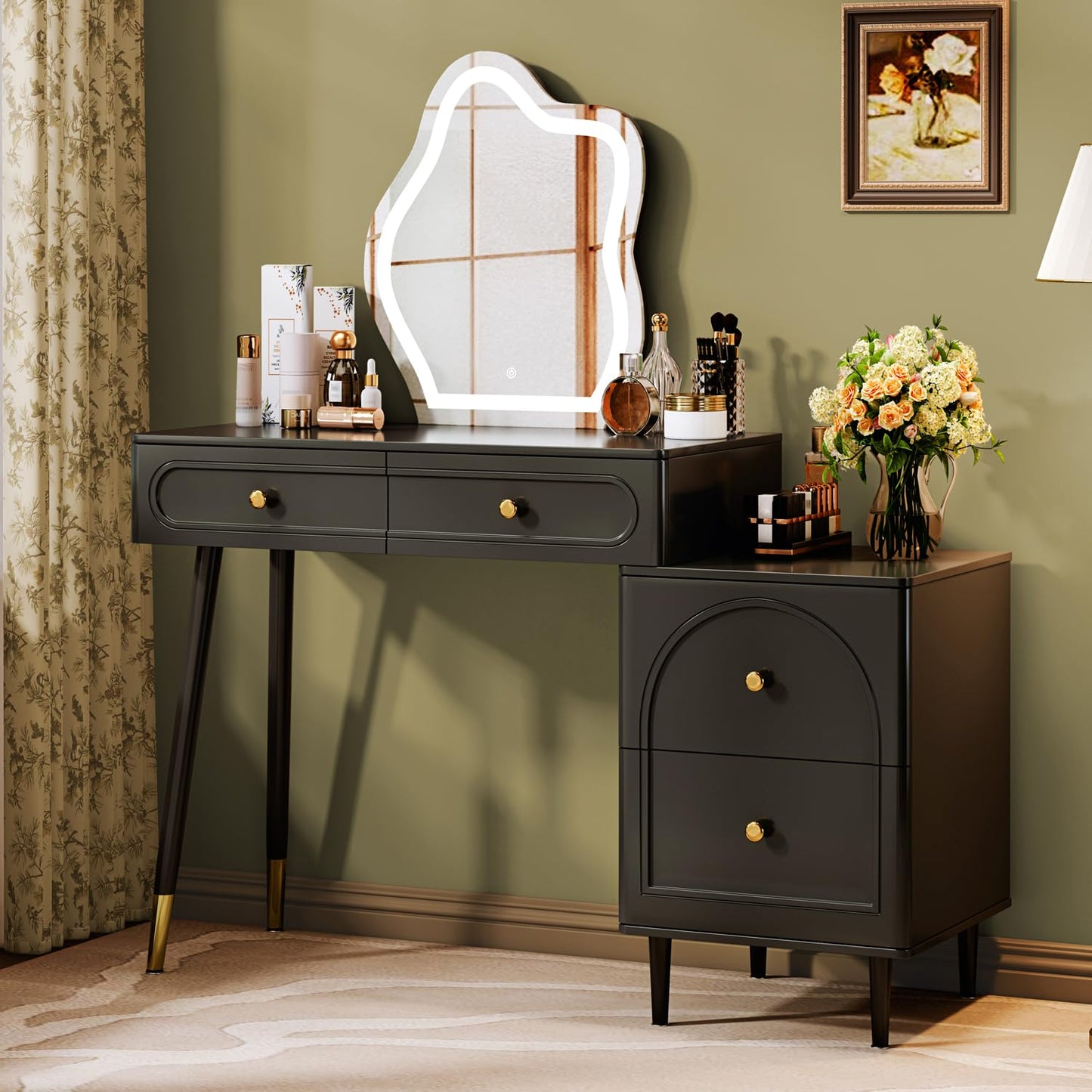 Chrangmay 31.5" White Stylish Corner Makeup Vanity Table,with Lighted Mirror and 4 Spacious Drawers,Bedroom Essential Dressing Table with Nightstand,Modern Minimalist Writing Desk for Girls,Black
