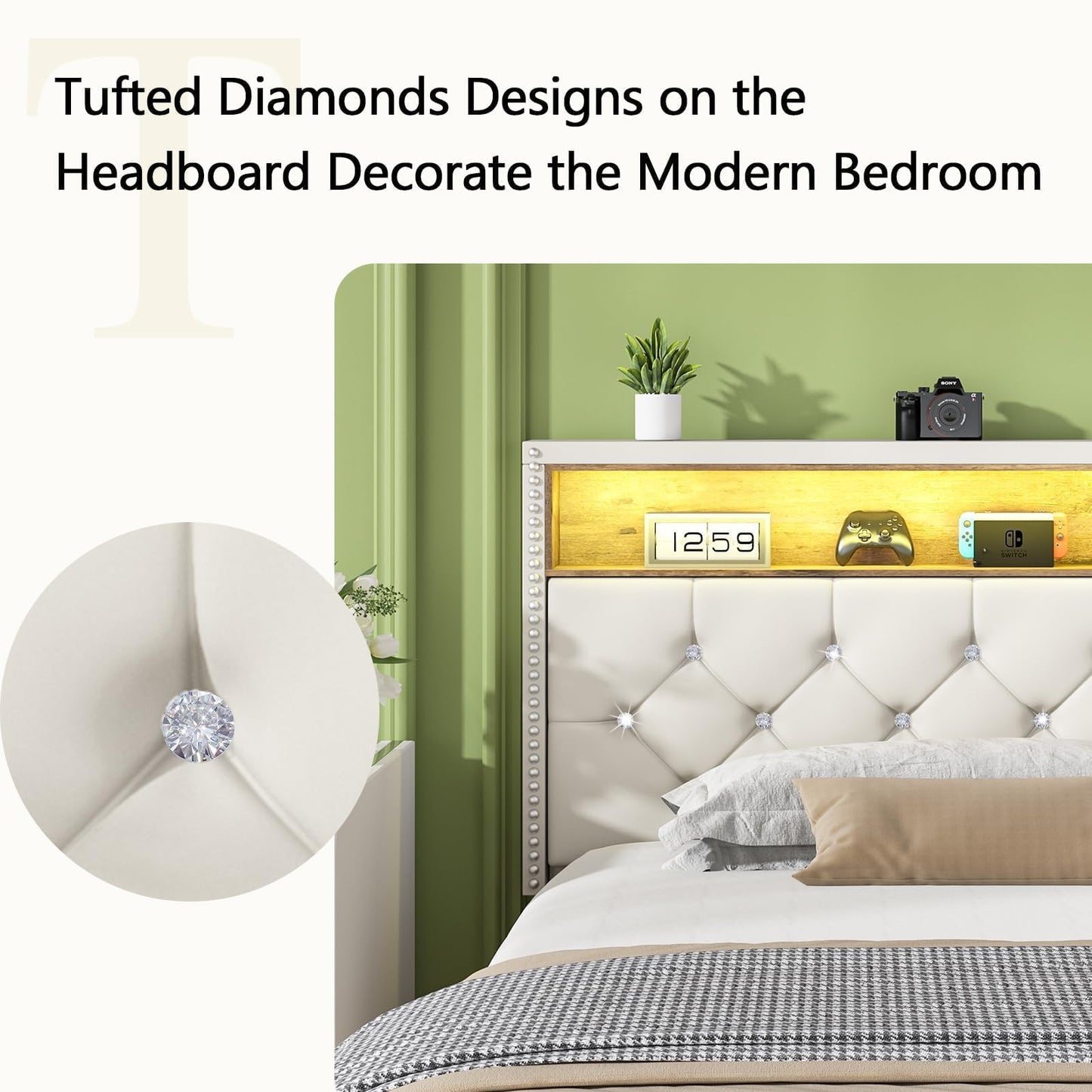 King Bed Frame with LED Lights, Velvet Upholstered Platform Bed with Storage Headboard and Charging Station, King Bed Frame with Diamond Design, Wood Slats Support, No Box Spring Needed, Beige