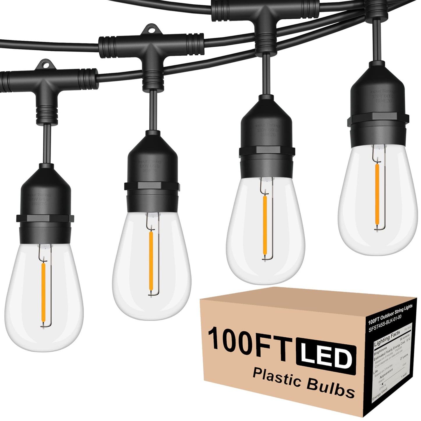 Outdoor String Lights LED 100FT Commercial Grade Heavy Duty Light String Lights with 30 Sockets 32 Shatterproof Plastic Bulbs Include 2 Spare S14 Dimmable Edison Bulbs Patio Market Cafe Light