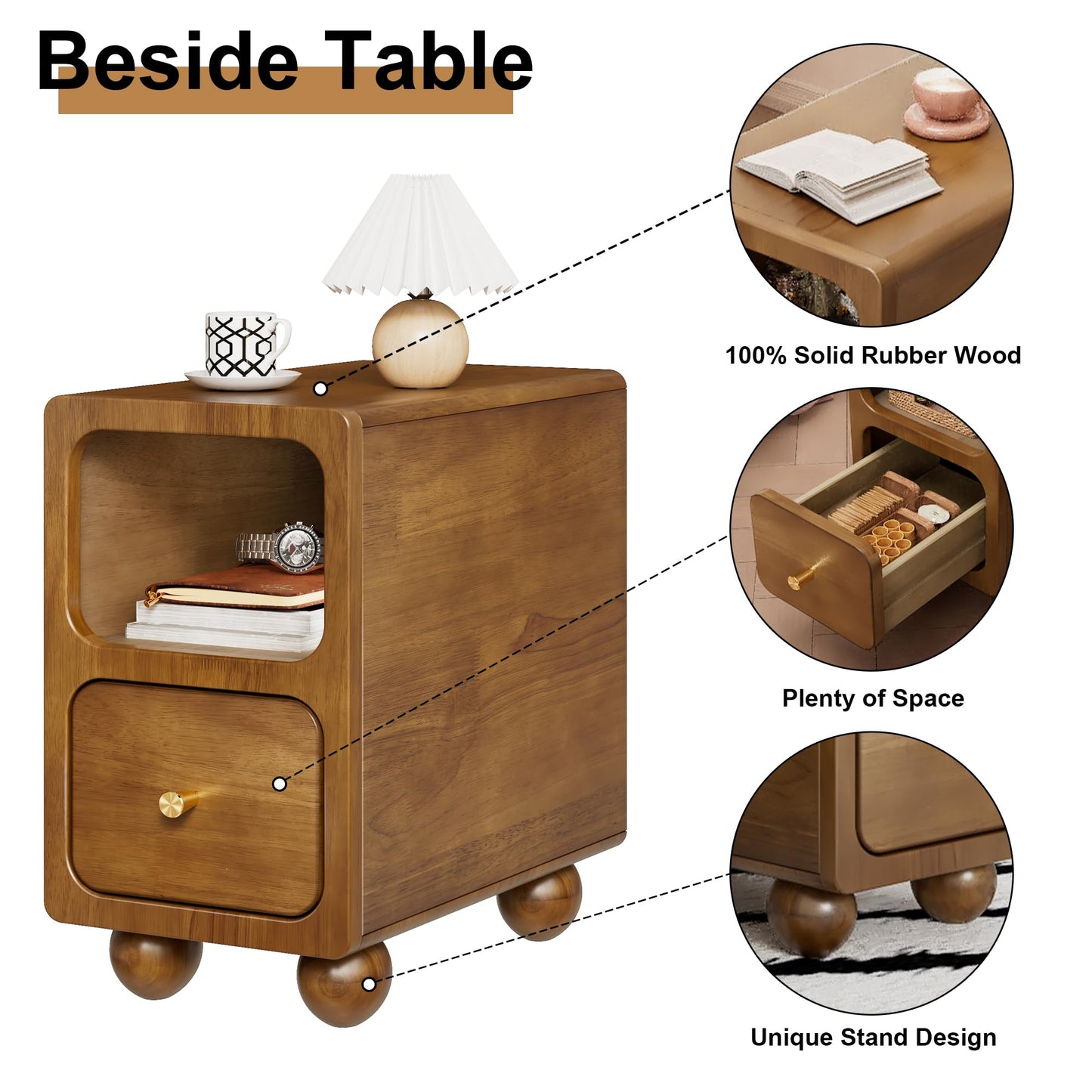 Solid Wood Nightstand, Narrow Night Stand with Drawers, Walnut Mid Century Modern Nightstand, Small Beside Table with Open Storage Shelf for Bedroom (10 inch)
