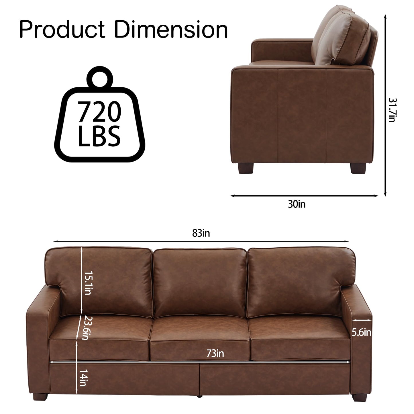 HXZDZ 83" PU Faux Leather Couch, Mid-Century Modern 3-Seat Sofa with Solid Wood Legs for Living Room, Bedroom, Office, Brown