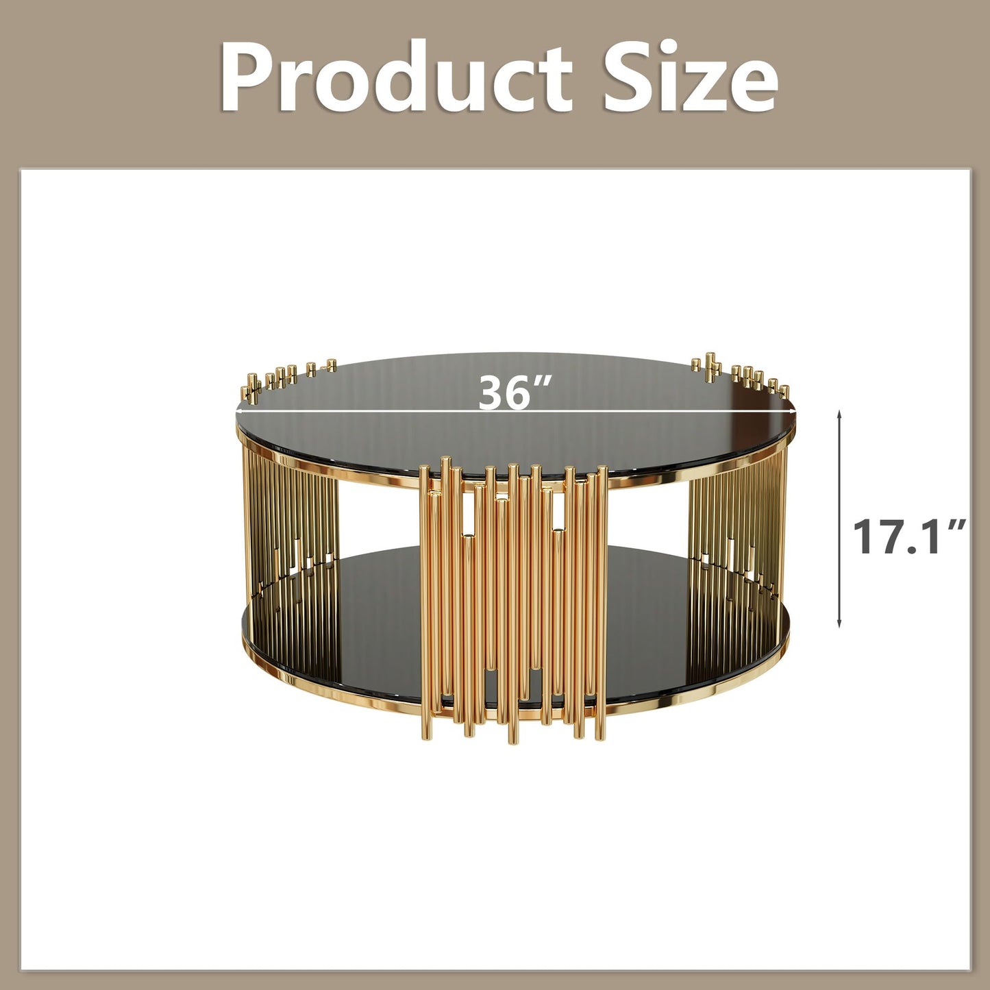 KUVADAZ Round Coffee Table with Gold Stainless Steel Base, 2-Tier Black Glass Coffee Table Center Table, Modern Coffee Table Circular Living Room Table Cocktail Tables, Circle Center Tables