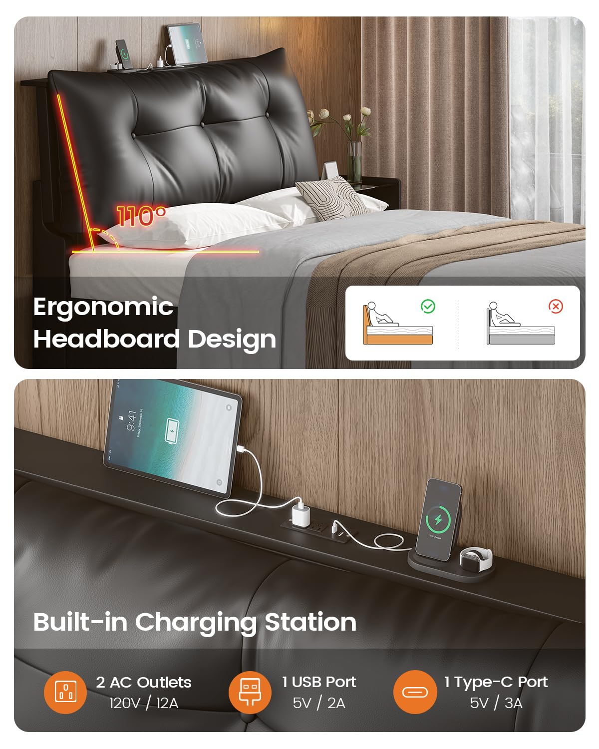 AOGLLATI Upholstered Queen Bed Frame with RemovableThick Backrest Headboard, Led Bed Frame Queen Size with 4 Storage Drawers and Charging Station, No Spring Box Needed, Black
