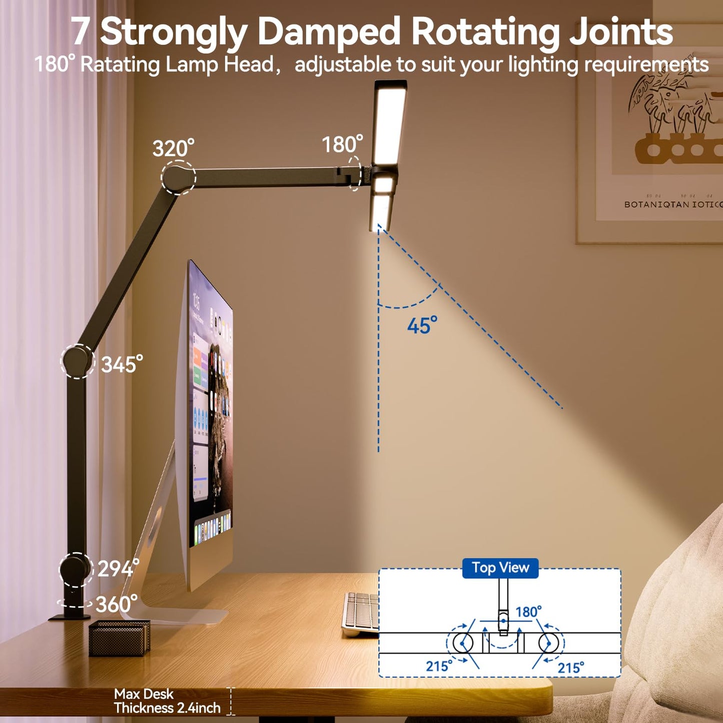 LED Architect Desk Lamp with Clamp - 24W Ultra Bright Adjustable Swing Arm Light for Home Office, 3000 Lumen Auto Dimming Computer Lamp with Stepless Touch Control, Rotatable for Video Calls, Drafting