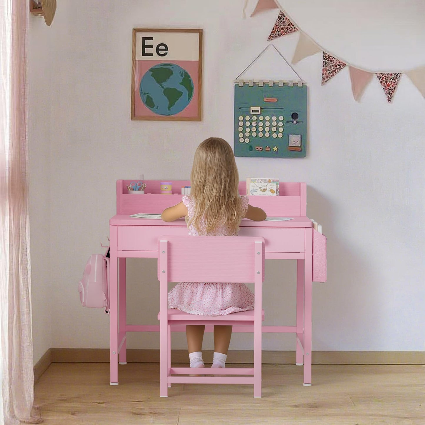 BOLUO Pink Kids Desk and Chair Set for 5-8 Year Old, Small Child Desk with Fabric Drawer, Children Study Table with Storage Girls Boys