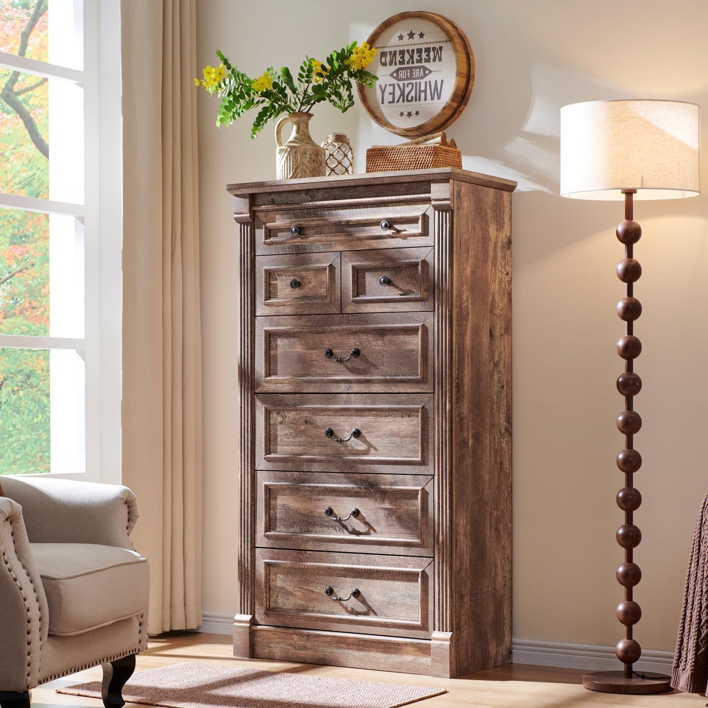 Aitjunz Farmhouse 7 Drawers Dresser for Bedroom, 57" Tall Large Dressers & Chests of Drawers w/Roman Column, Storage Dressers Organizer for Bedroom, Hallway, Living Room, Light Brown