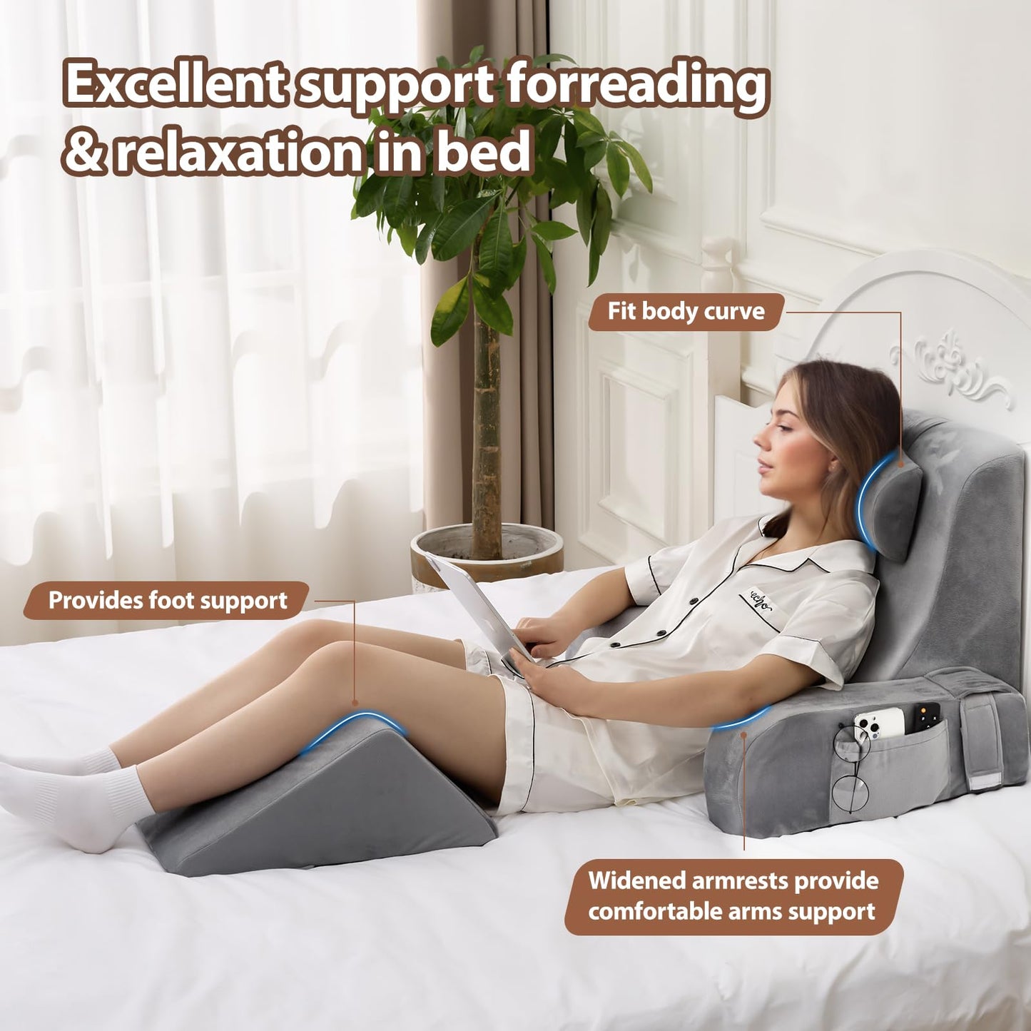 NIAOMAOGOU Reading Pillow for Sitting in Bed Adult, Back Pillow for Sitting Up in Bed with Arm Rest and Knee Rest, Suitable for Gaming,Watching TV on Floor, 19in 5Pcs, Grey