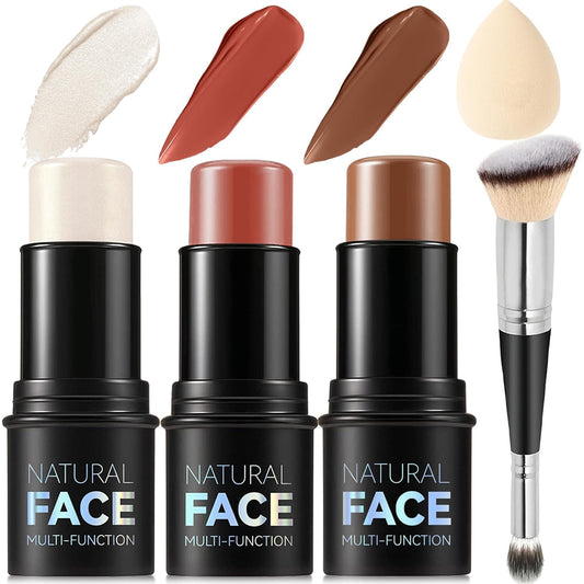 3Pcs Cream Contour Stick Makeup Kit, Shades with Highlighter, Blush and Bronzer Contour Stick for Sculpt the Cheeks, Long Lasting, Waterproof, Matte & Dewy Finish FAIR(7+9+11)