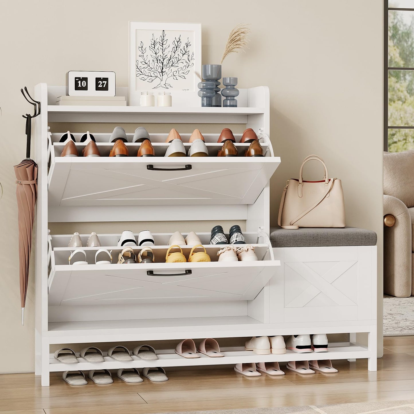 BouPower Shoe Cabinet with Bench, Farmhouse Narrow Slim Shoe Storage Cabinet 2 Flip Drawers for Entryway, Living Room, Hallway, White