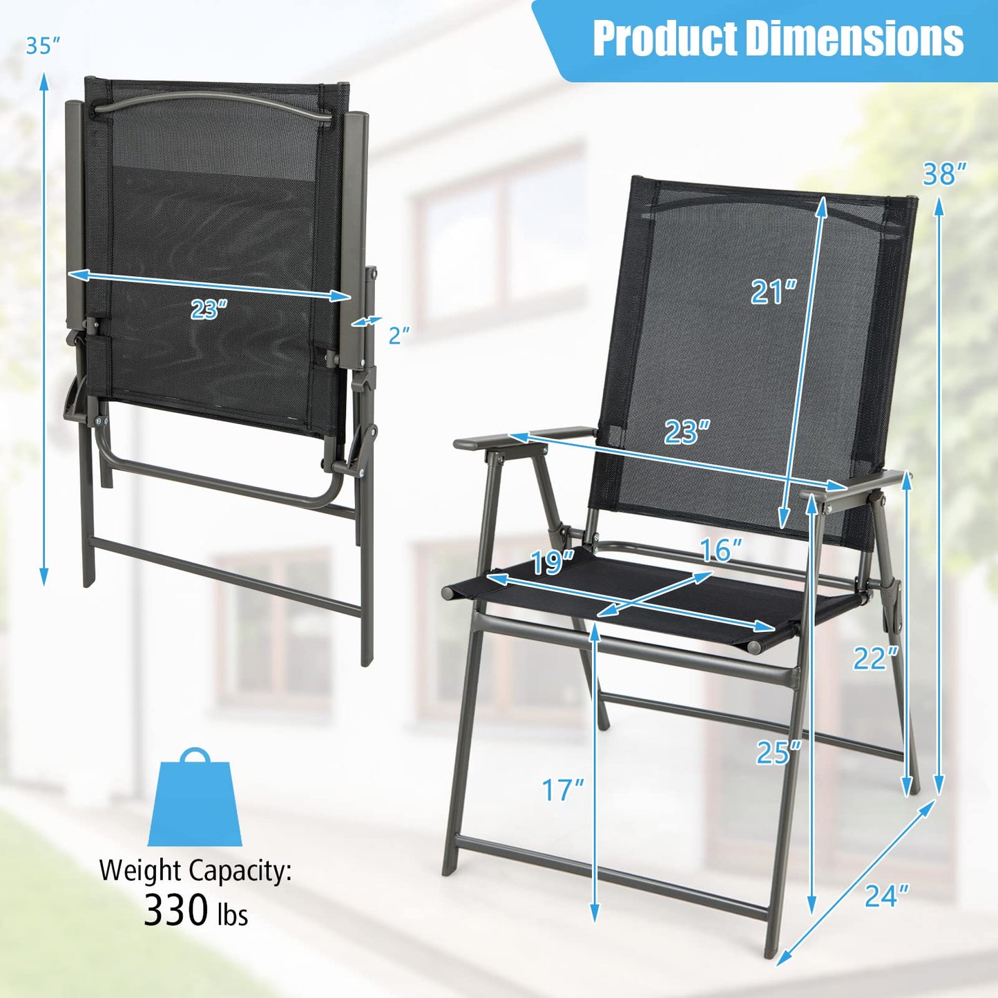 Tangkula Set of 4 Patio Folding Chairs, High Back Dining Chairs with Weather-Resistant Fabric, No Assembly, Outdoor Portable Metal Lawn Chairs with Armrests & Footrest for Garden