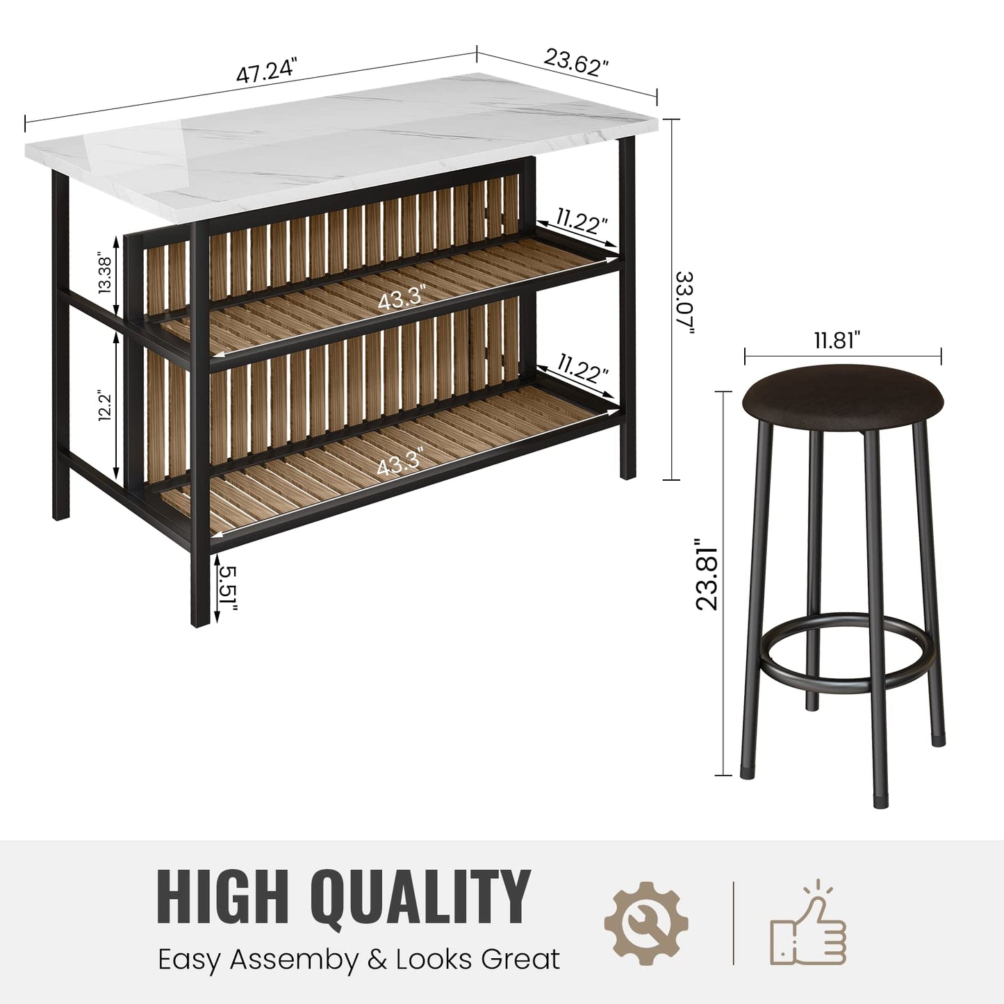 Lamerge 3 Piece Bar Table and Chairs Set, Industrial Bar Table Set with Storage Shelves,Marble Counter Height Table with 2 Bar Stools,Modern Pub Table Dining Room Table Set for Kitchen,White
