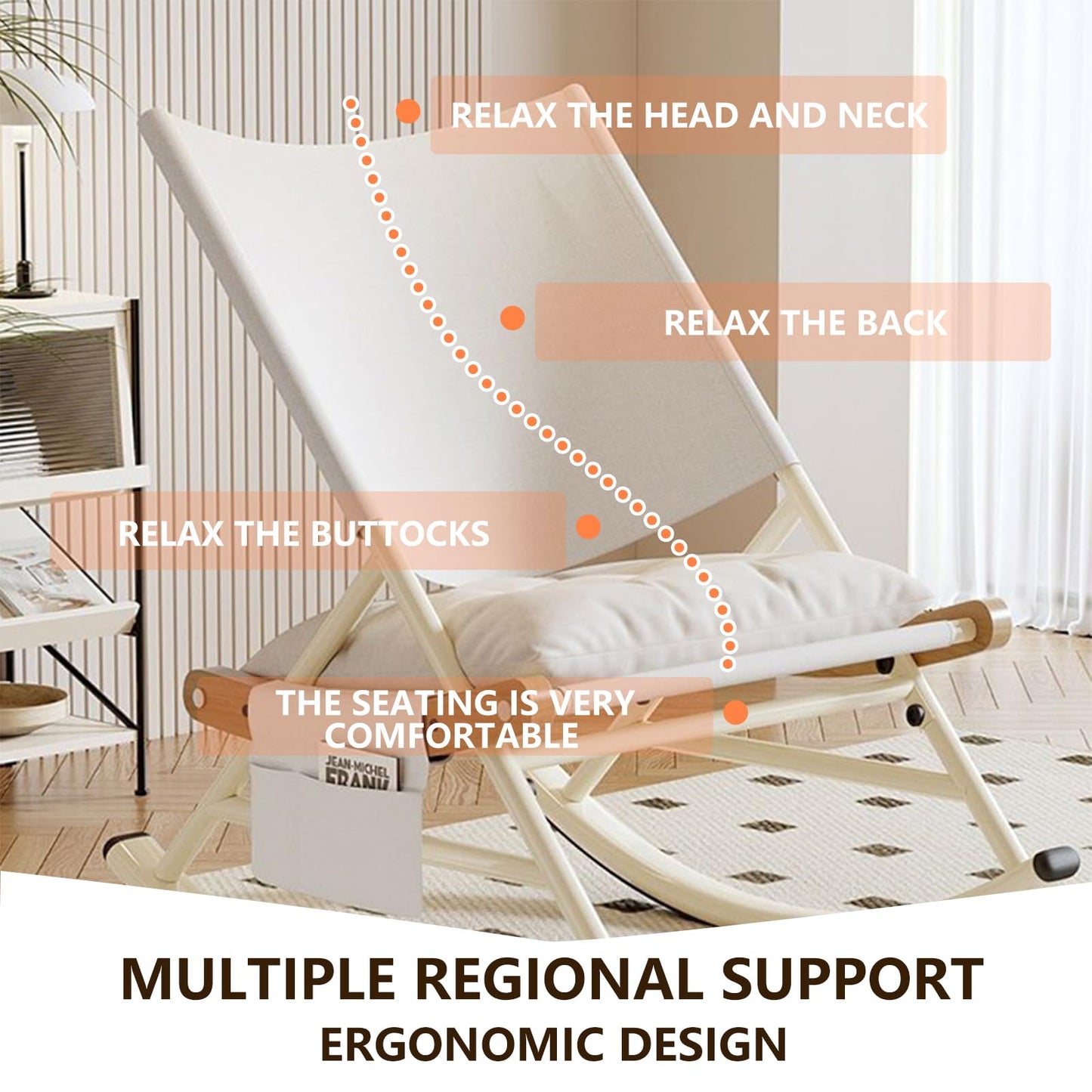 Folding Patio Outdoor Rocker Chairs,Comfortable Folding Freestyle Lounge Chair with Side Pocket Carry Bag,Hard Armrests,Supports 400 lbs-White