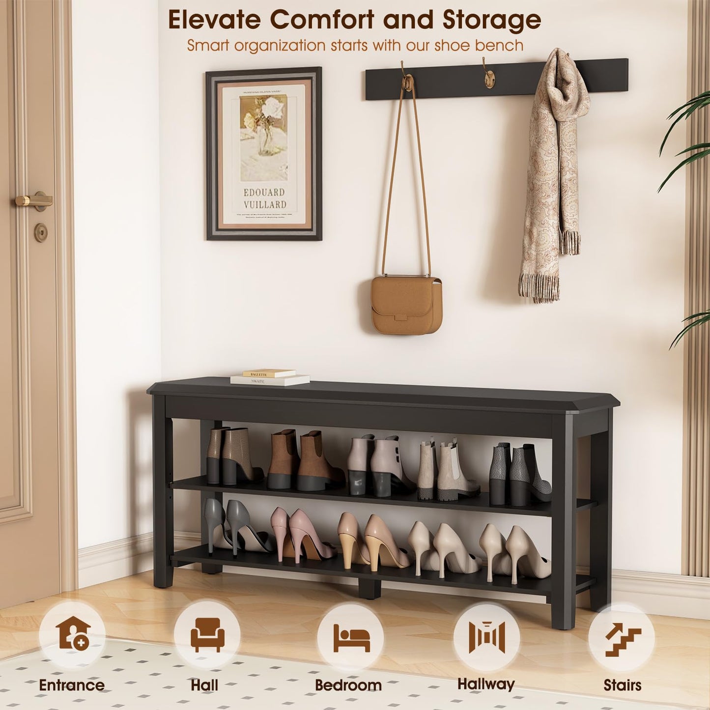 IUNVR Shoe Rack Bench Seat Rubberwood 2-Tier Wooden Storage Bench 550lbs Compact Mid-Century Modern Design for Entryway, Hallway, Closet, Front Door Entrance, Foyer