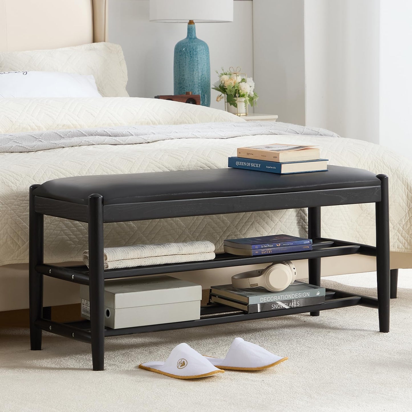 CREATISAN Shoe Bench, Solid Oak Wood Entryway Bench with Storage, 3-Tier Shoe Storage Bench with PU Leather Seat, Mid Century Shoe Rack Benches for Hallway, Bedroom, Living Room, 43.3" Black