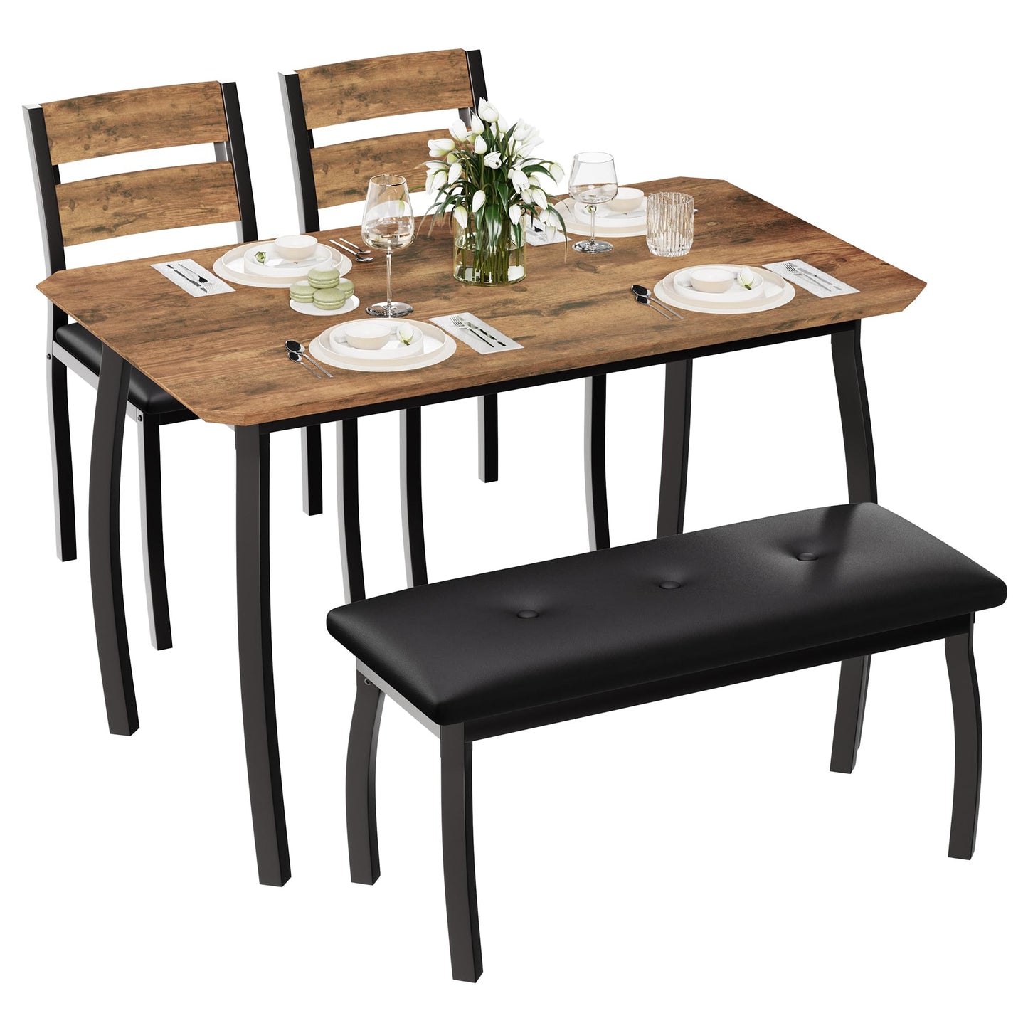 GAOMON Kitchen Table Set for 4, 4-Piece Dining Table with 2 Chairs and PU Upholstered Bench - Cutting Corner Tabletop Design, Space-Saving Kitchen Furniture for Studio, Restaurant, Retro