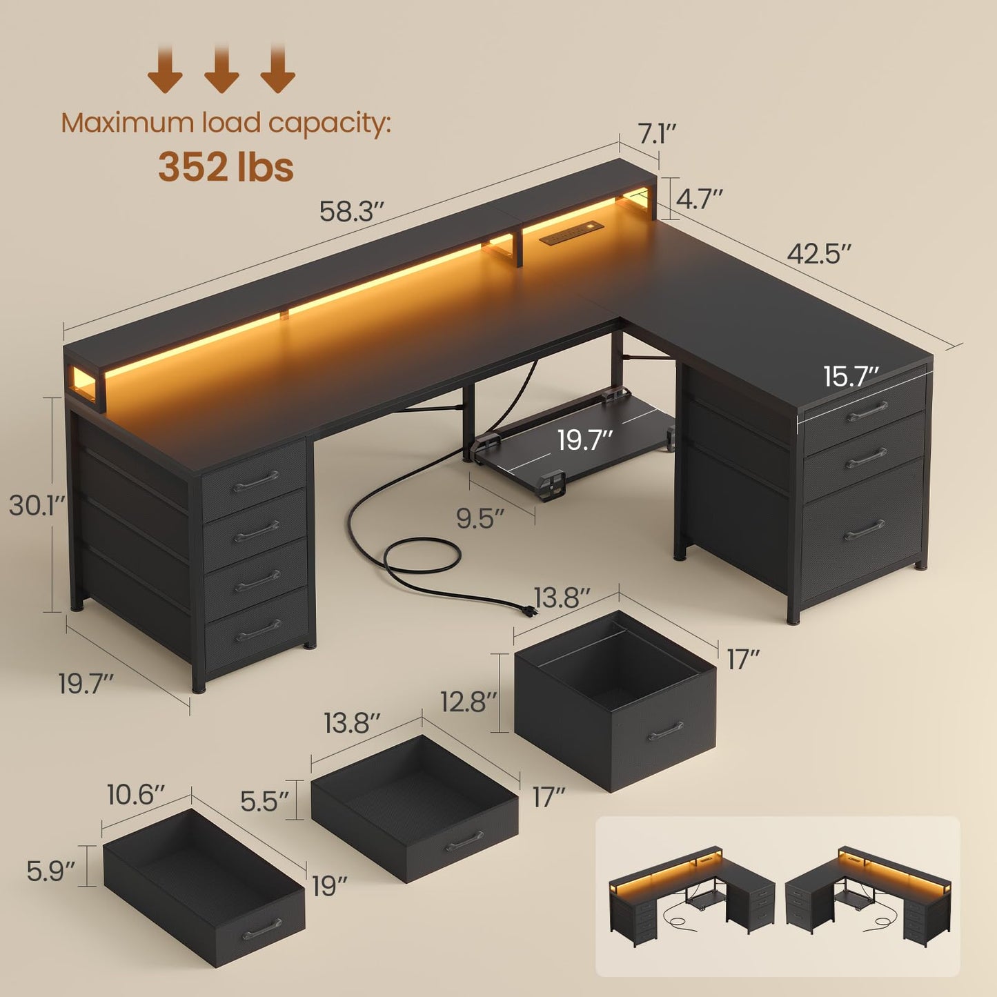 SEDETA L Shaped Gaming Desk, Reversible 58" Small Computer Desk with 7 Drawers and Power Outlet, Corner Gaming Desk with LED Lights for Small Space, Black