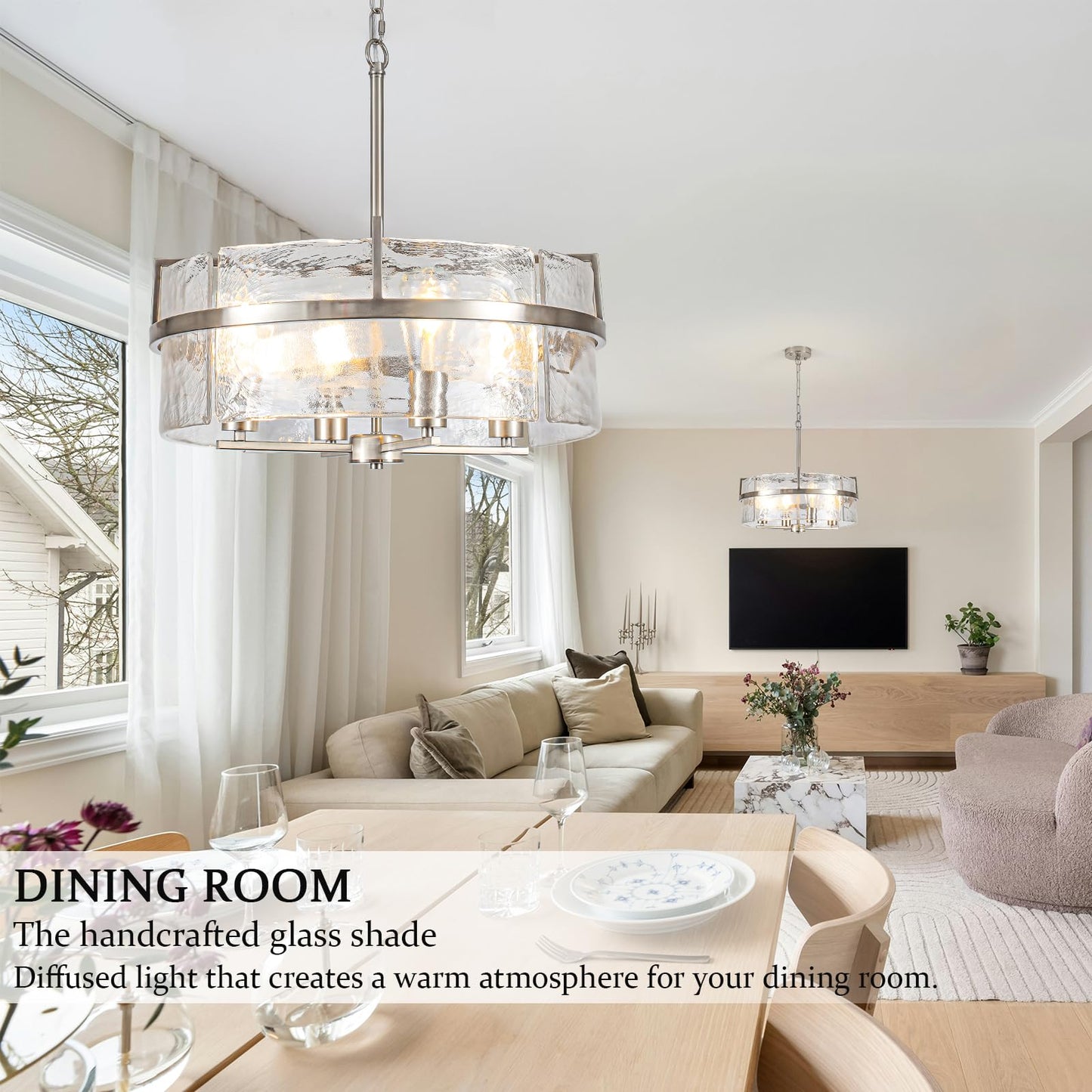 DWLGIGH Modern Drum Chandeliers for Dining Room,19.7" Water Ripple Glass Chandelier Over Table Brushed Nickel Crystal Pendant Light Fixtures for Hight Ceiling Living Room Entryway Bedroom Kitchen,E26