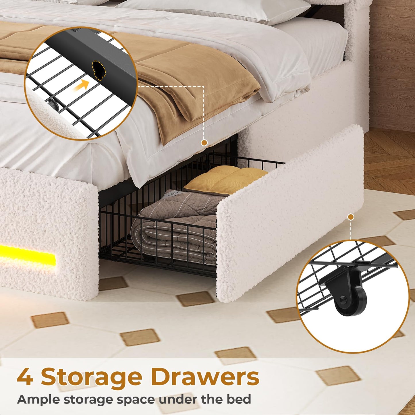 MSmask Boucle Bed Frame Queen Size, Upholstered Bed Frame with Storage Headboard and 4 Drawers, Soft Platform Bed with LED Lights and Charging Station, No Box Spring Needed, Off-White