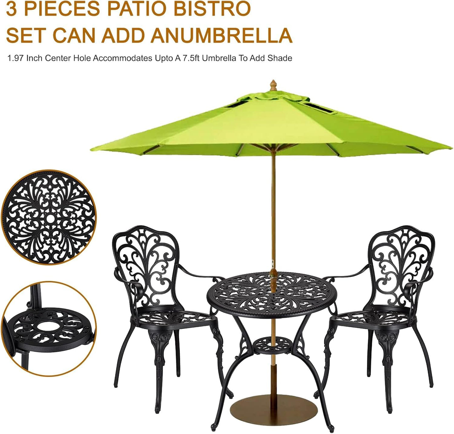 GarveeHome 3 Piece Outdoor Bistro Set, Cast Aluminum Patio Table and Chairs Set of 2 with Umbrella Hole, Rust-Resistant All Weather Balcony Furniture for Backyard, Porch, Black