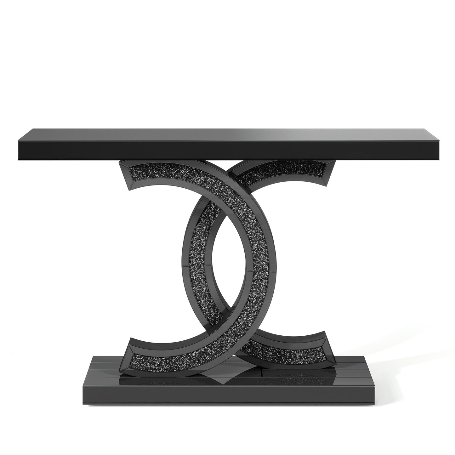 Mirrored Console Table, 39 Inch Modern Glass Entryway Table with C-Shaped Base, Black Finish Hallway Sofa Table for Living Room