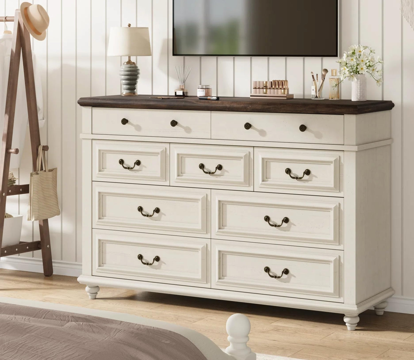Jocoevol Cream Farmhouse Dresser for Bedroom, 9 Drawer Chest of Drawers, Tall Dressers for Bedroom Storage, Dresser for Closet, Dressers & Chests of Drawers (Cream, 53.5" Wide)
