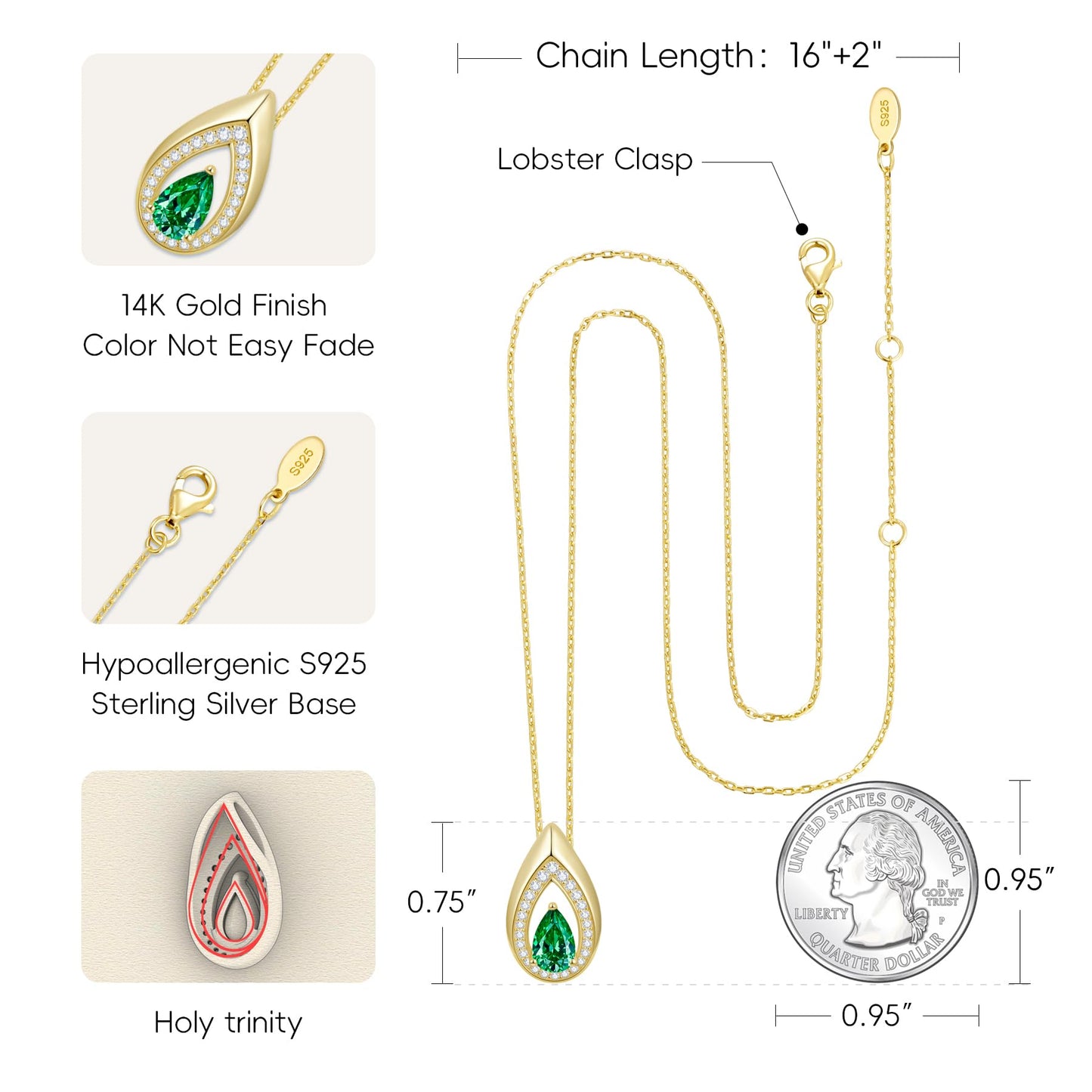 Kstyle 14k Gold Emerald Necklaces for Women Birthday Gift for Mom Mother Grandma Grandmother Her Birthstone Pendant Jewelry Non Tarnish