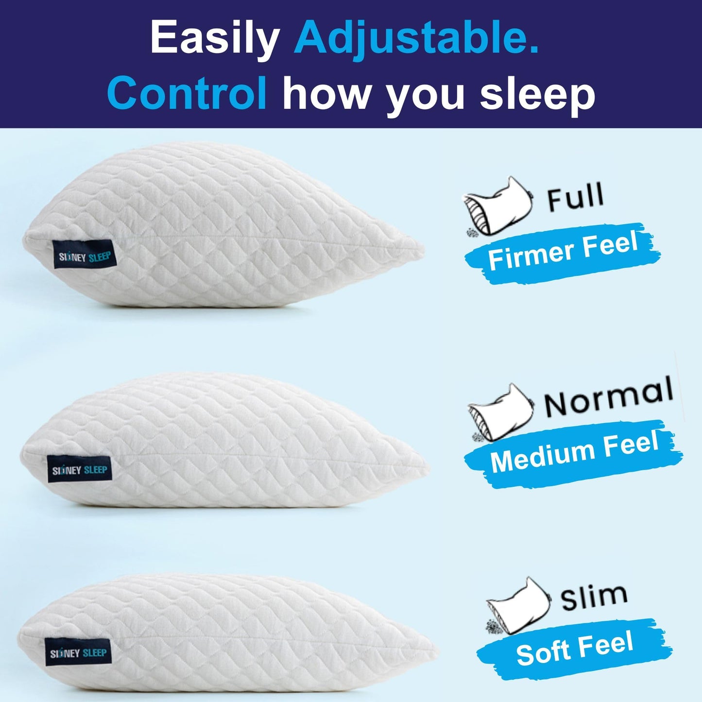 Sidney Sleep Pillow for Side and Back Sleepers - Comfort for Neck and Shoulder Pain - Adjustable and Customizable Shredded Memory Foam Filling - King Size - Extra Foam Fill Included (Blue, King)