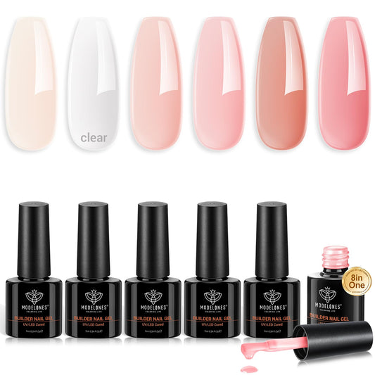 modelones Builder Gel for Nails, 6 Colors Gel Builder Nail Kit 8-in-One, Jelly Nude Sheer Pink Nail Polish Apex Building Strengthener Extension LED Nail Lamp Cured Color Base