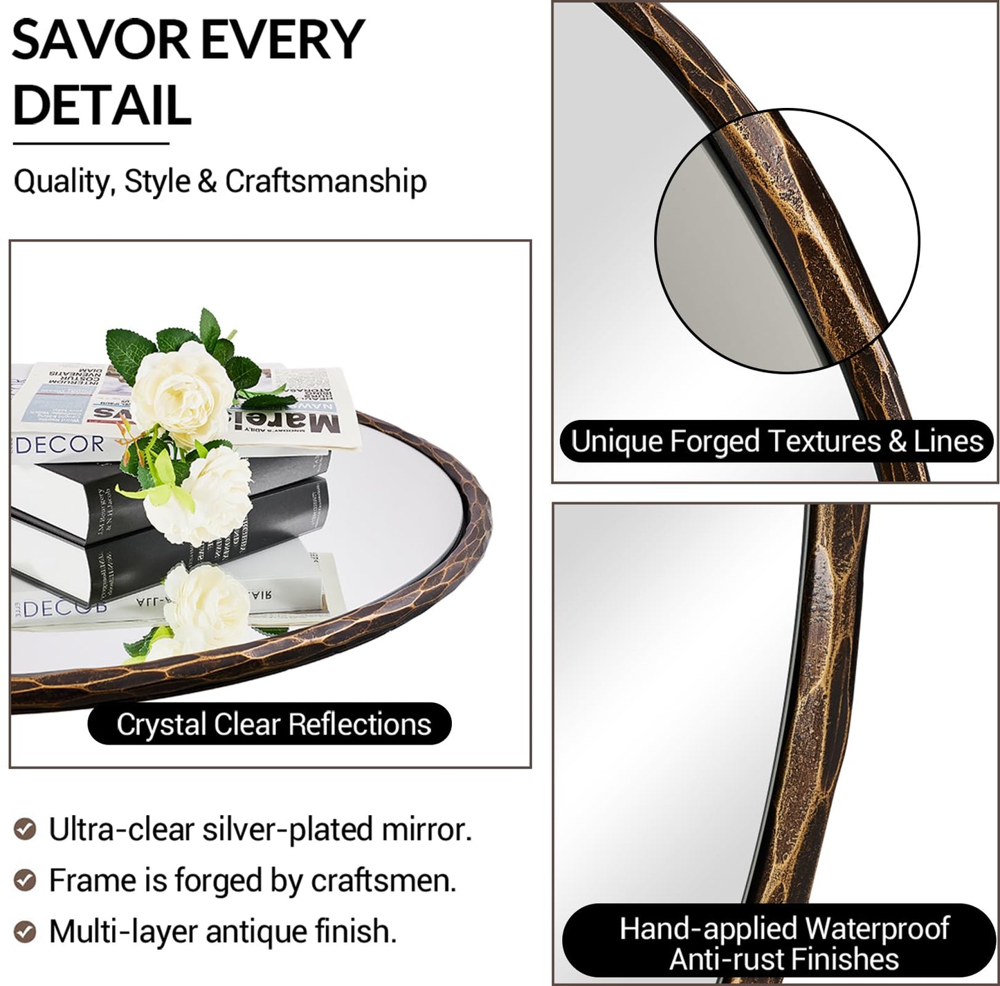 ANDY STAR Hand-Forged Bronze Round Bathroom Mirror, 30 Inch Antique Vanity Circular Mirror, Stainless Steel Rounded Mirrors for Wall Decor, Washroom, Entry, Fireplace