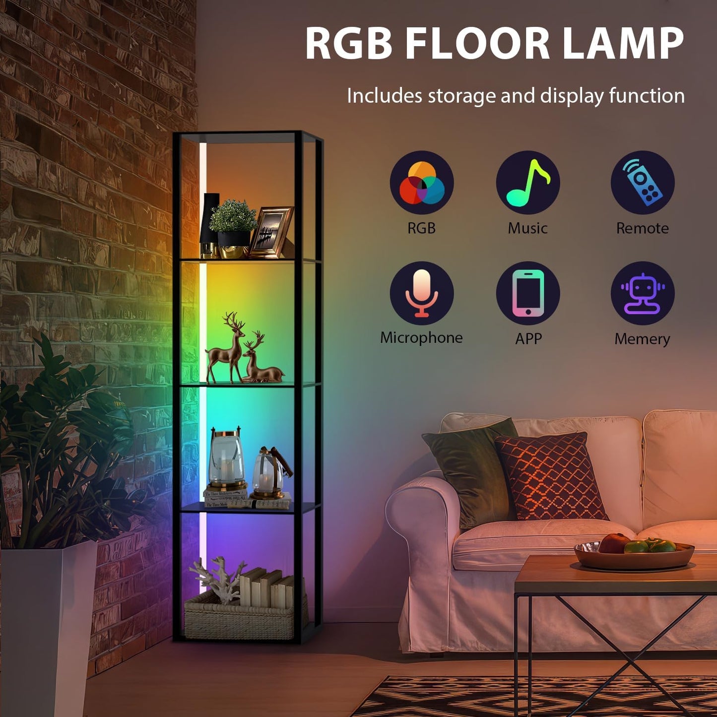 Caupel 5 Tiers Corner Shelf with LED Light, 63.78" Tall Display Shelf for Collectibles, LED Corner Floor Lamp with APP and Remote Control for Living Room Bedroom