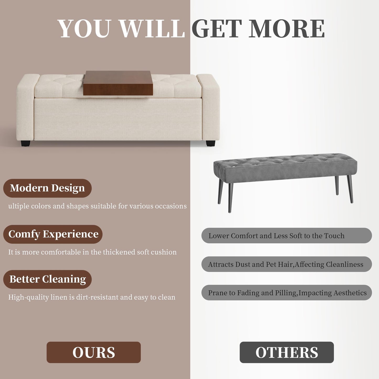 Atrtivoent 47" Ottoman Bench, Living Room Storage Bench with Removable Tray, Upholstered Entryway Bench, Ottoman Bench Seat with Storage for Living Room Bedroom (Beige1, with Tray)
