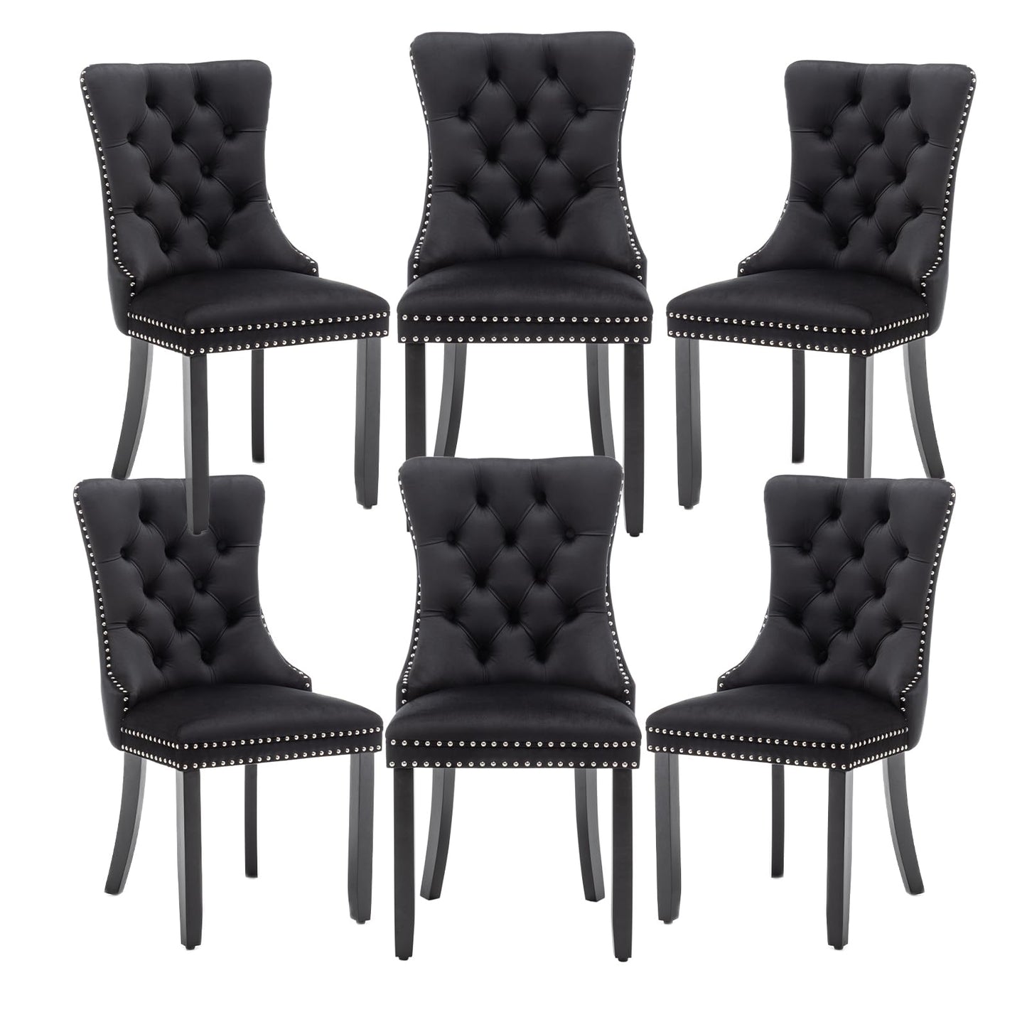 Hixkol Velvet Dining Chairs Set of 6,Upholstered Dining Chairs with Ring Pull Trim and Button Back,Modern Seating for Kitchen, Bedroom & Living Room(Black)