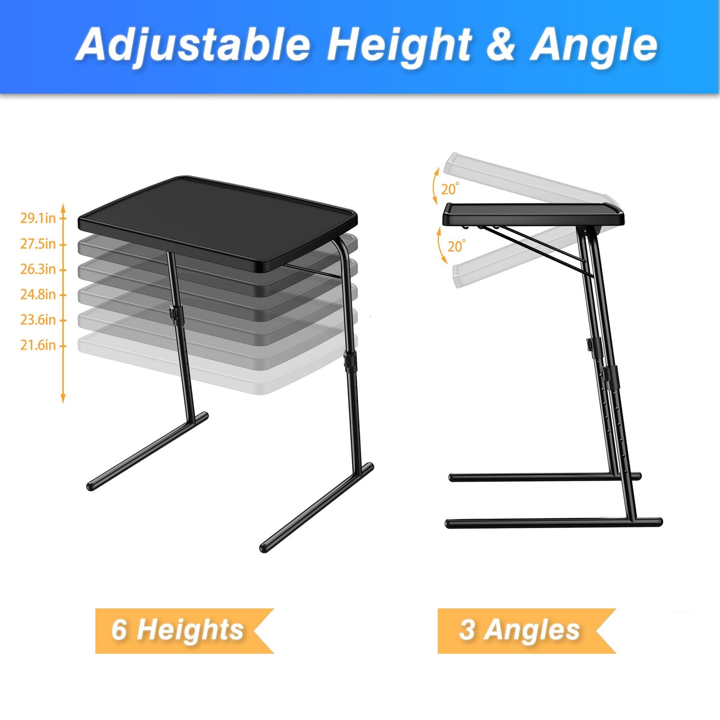 Max TV Tray Table, Allpop Adjustable Large TV Tray for Eating, Folding Dinner Laptop Table on Couch & Bed with 6 Heights & 3 Tilt Angles, Black