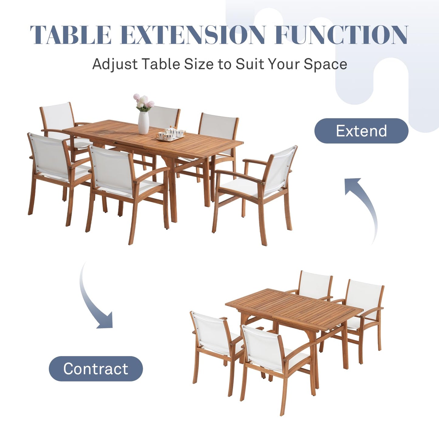 OC Orange-Casual Patio Furniture Set, Acacia Wood Patio Dining Set for 6-8, Outdoor Expandable Table and Chairs Set with Umbrella Hole and Breathable Textilene Fabric for Garden (White, 5 Pieces)