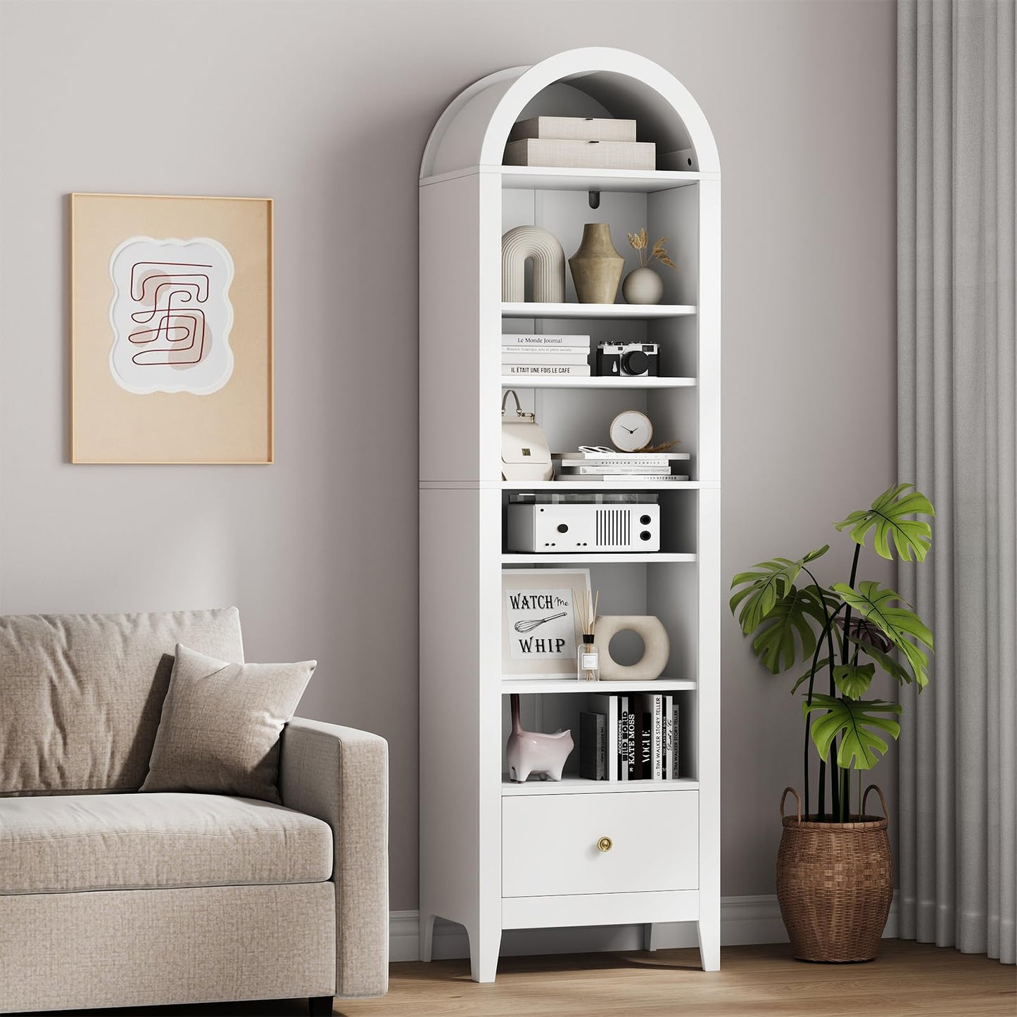 Seeday 71" Tall Narrow Arched Bookshelf, 8-Tier White Arched Bookcase with Adjustable Shelves & Drawer, Modern Open Book Shelf for Living Room, Bathroom, Kitchen, White