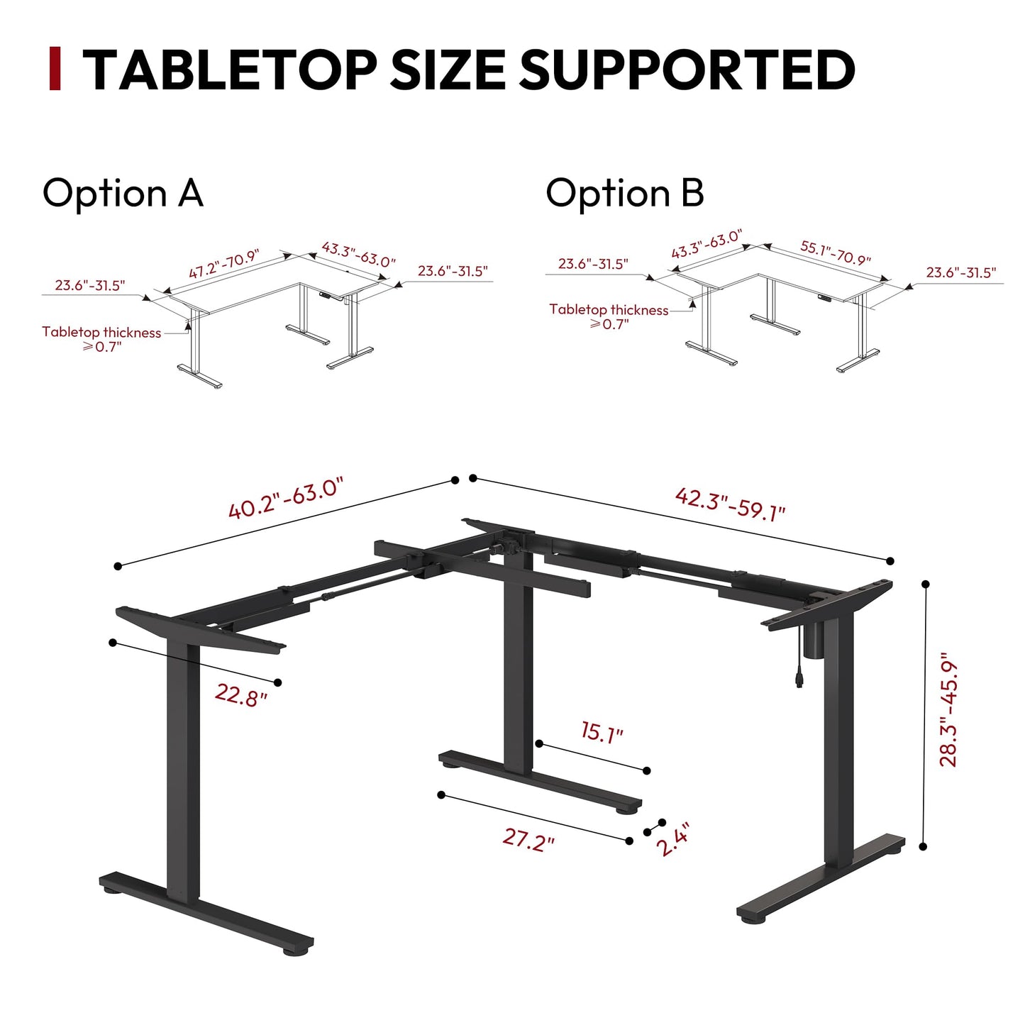 SANODESK Electric Height Adjustable 3-Leg L Shaped Standing Desk Frame, Support up to 220lbs, Sit Stand Ergonomic L Desk Frame Only, Black