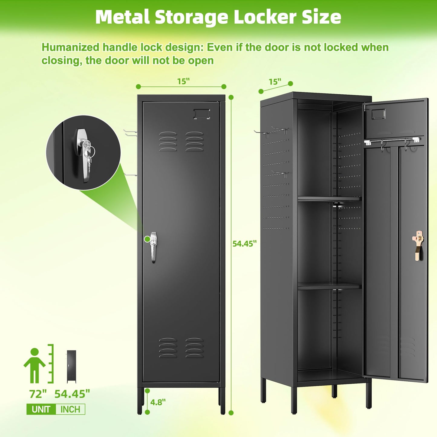 SUPEER Metal Lockers for Employees with Handle,Metal Storage Locker with 2 Pegboard & 5 Hooks for Gym, School, Office,Home,Garage,Black