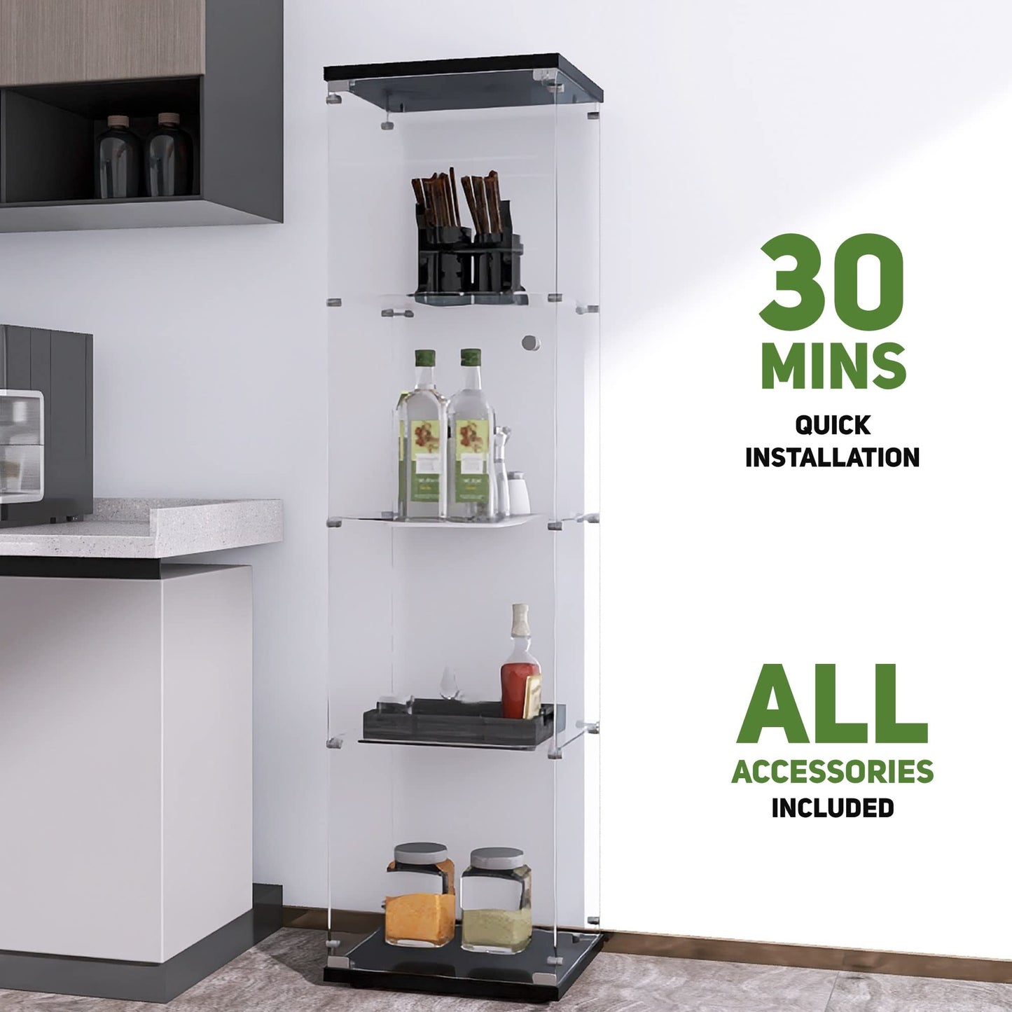 Beauty4U Glass Display Cabinet with 4 Shelves, Curio Cabinets for Living Room, Bedroom, Office, Black Floor Standing Glass Bookshelf, Quick Installation