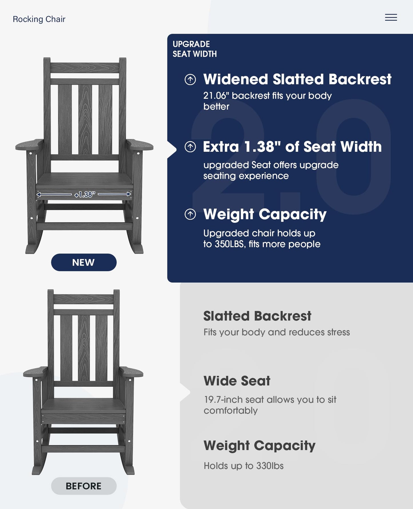 KINGYES Oversized Outdoor Rocking Chairs Set of 2, Grey