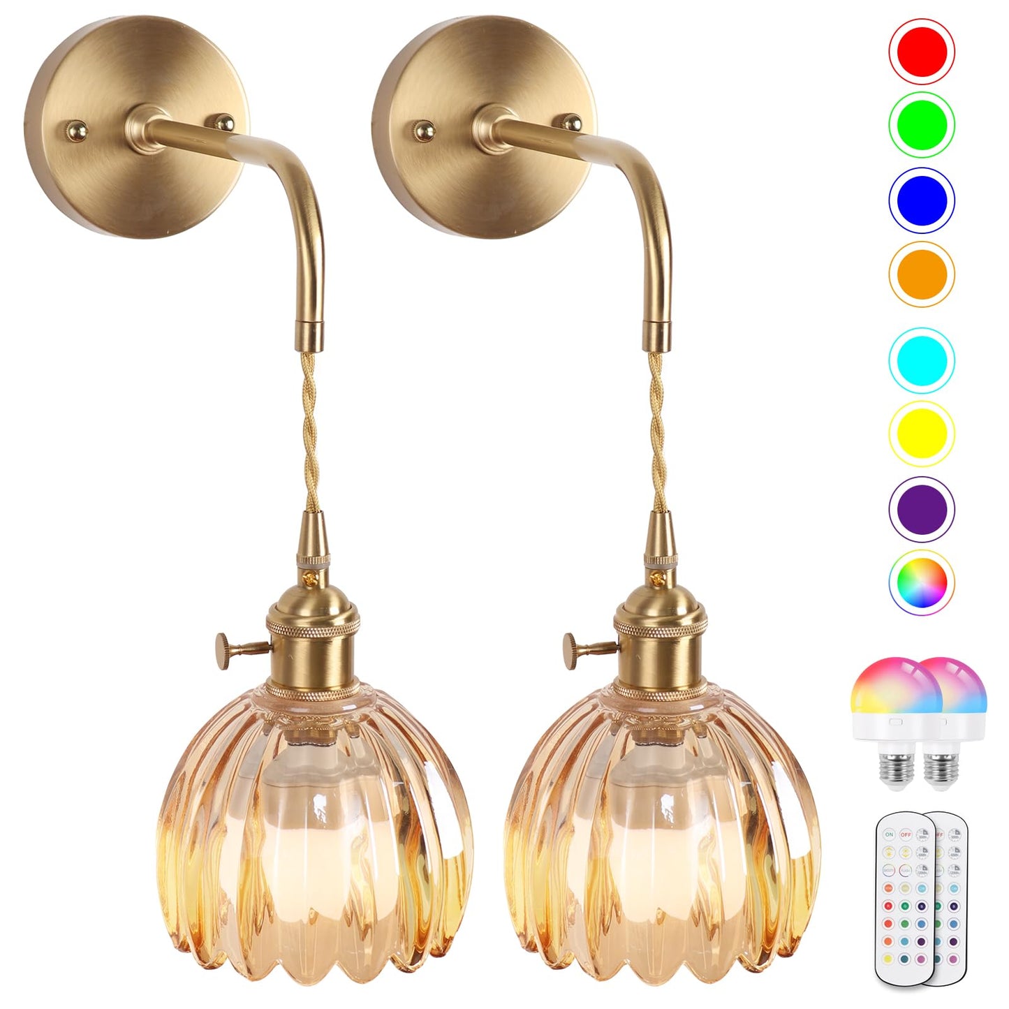 Vintage Battery Operated Wall Sconces Sets Of Two,Indoor not Hardwired Amber Tulip Glass Lampshade Fixtures,Rechargeable Wireless RGB Wall Lights with Dimmable Remote Control,for Bedroom Living Room