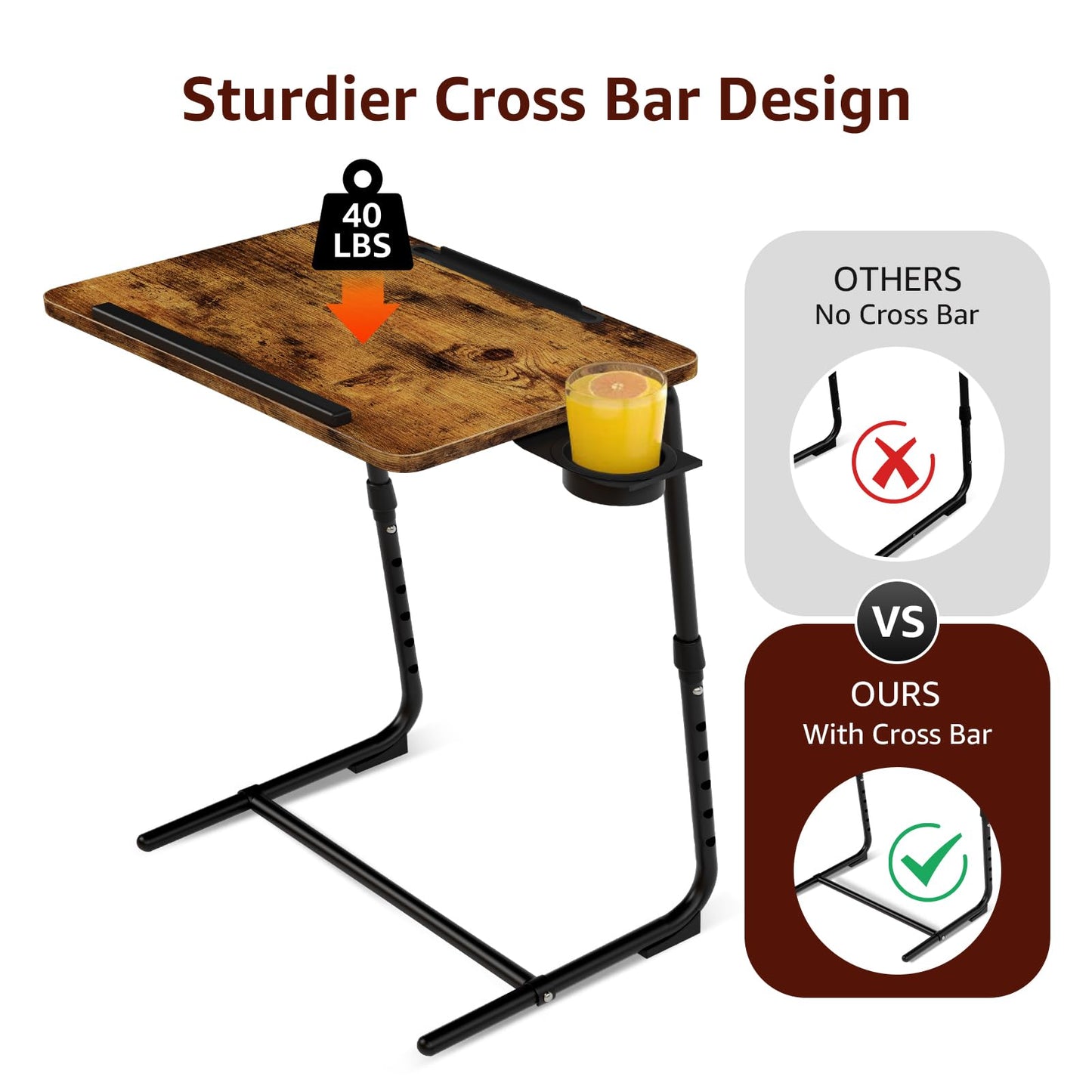 TV Trays Set of 2 - Folding TV Tray Adjustable Dinner Trays for Eating On Couch Wooden Tables Mate Stand Foldable Rustic Desk with Cup Holder Portable