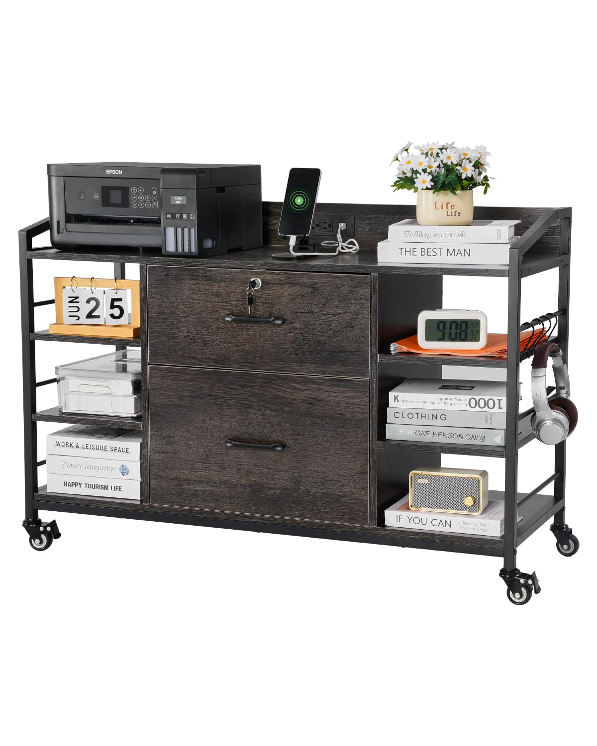 VEVOR 2 Drawers Metal File Cabinet, Lateral Filing Cabinet with Lock and 6 Open Shelves, Wooden Wide Filing Storage Cabinets with Power Strip for Letter, A4, Legal Size File, Easy Assembly, Gray