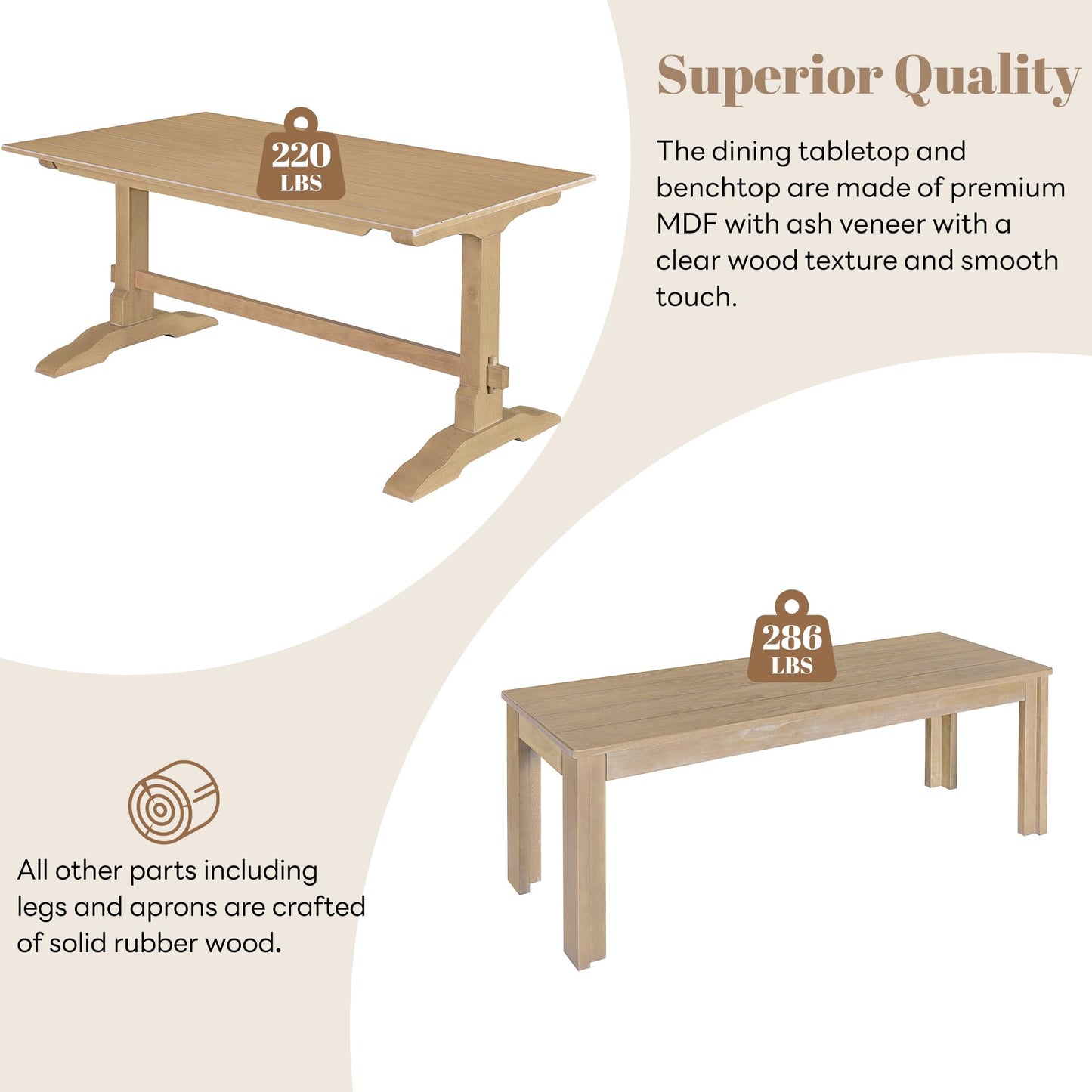 Harper & Bright Designs 3 Pieces Dining Table Set with Bench, Retro Rectangular Trestle Table and 2 Wood Benches for 4 People for Dining Room and Kitchen (Natural Wood)