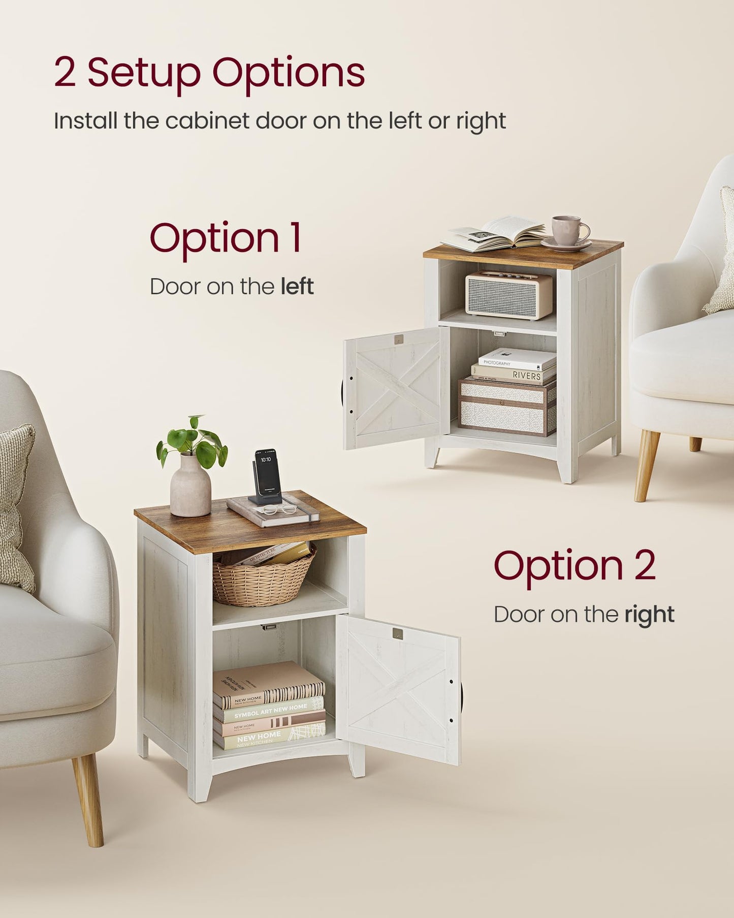 VASAGLE LIRY Collection - Farmhouse Nightstand with Barn Door, Set of 2, Bedside Table with Storage, Side End Table, Night Stand, Open Compartment, for Bedroom, Rustic White and Honey Brown ULET809K41