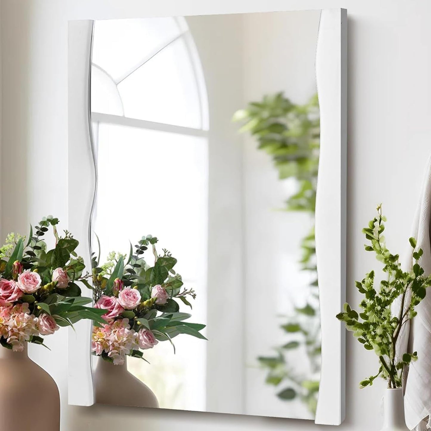 Tanmicoshomy White Bathroom Mirror 24x36 Inch, Asymmetrical Live Edge Wood Framed Rectangle Wall Mirrors for Bathroom, Bedroom or Living Room, Vertical or Horizontal Hanging
