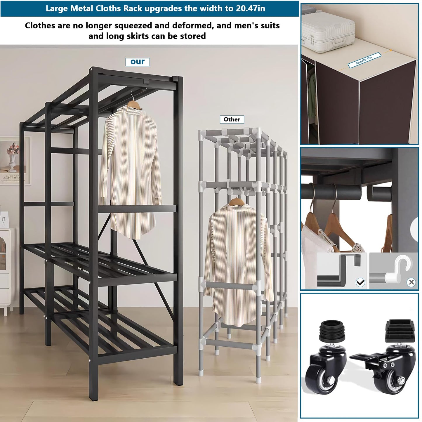 Heavy Duty Covered Clothes Rack with Magnetic Door 1500LBS Foldable Portable Wardrobe Closet for Hanging Clothing Rolling Black Metal Garment Rack on Wheels Closet System (Brown doors, 49.2in)