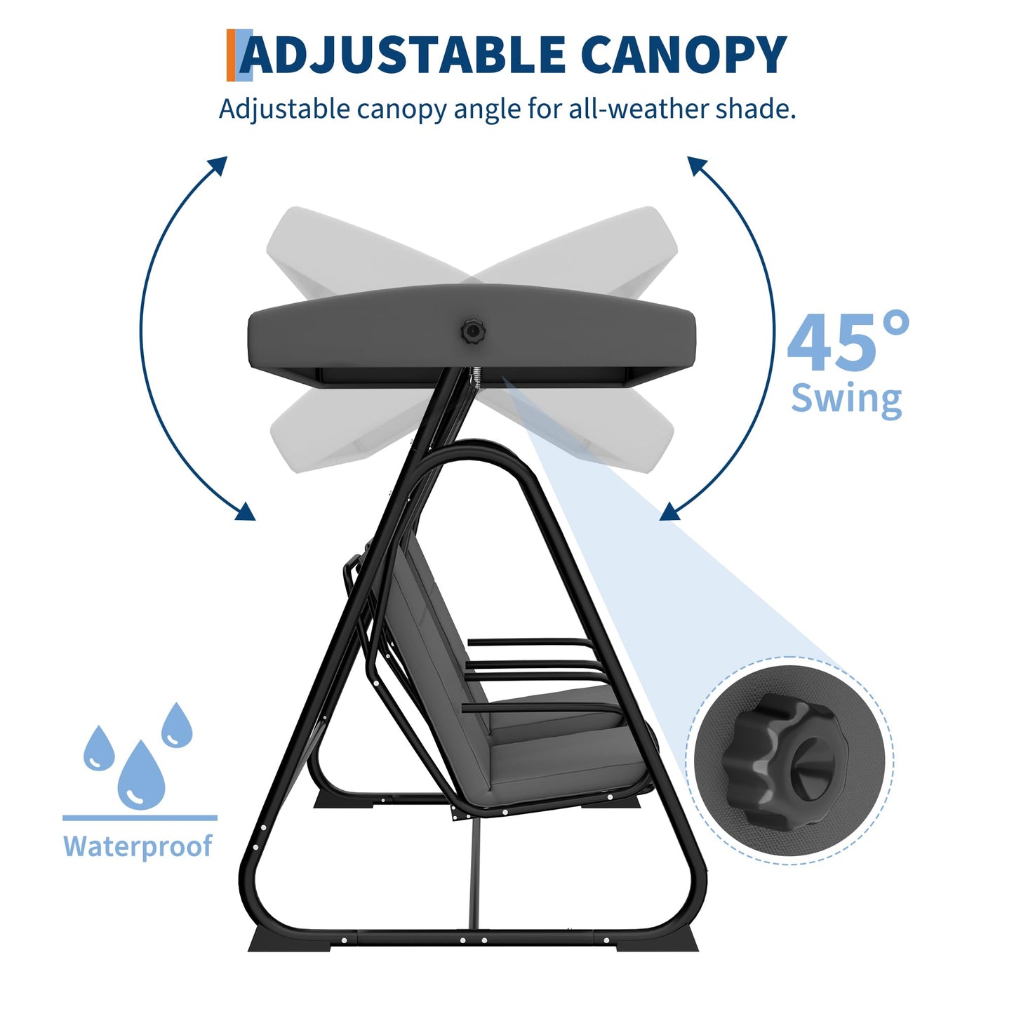 GarveeLife 2 Person Porch Swing Chair, Heavy Duty Outdoor Patio Swing Glider with Adjustable Canopy & Removable Cushions, Independent Swing Chairs for Garden, Balcony, Poolside, Backyard, Dark Grey