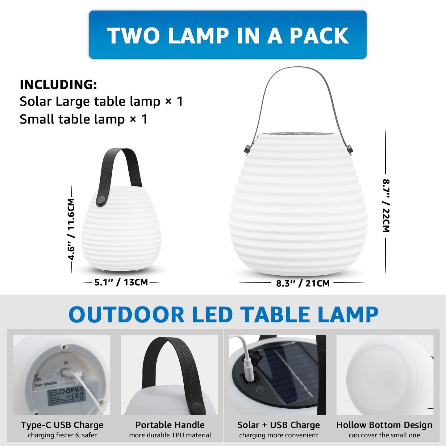 uuffoo 2 Pieces LED Rechargeable Solar Table Lamp Lantern LED Outdoor Cordless IP44 RGB and Warm White Dimmable for Patio Camping Restaurant Terrace