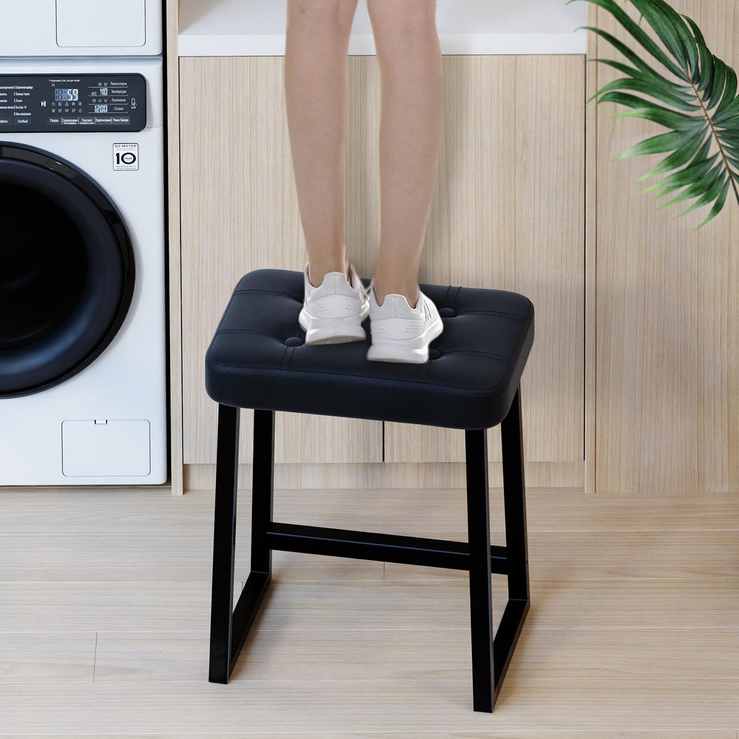 iTsst Vanity Stool Chair, Makeup Stool for Vanity,Small Ottoman Footrest for Bathroom, Bedroom, Living Room, Entryway, Offices，Leather &Metal Legs with Anti-Slip Feet, Black