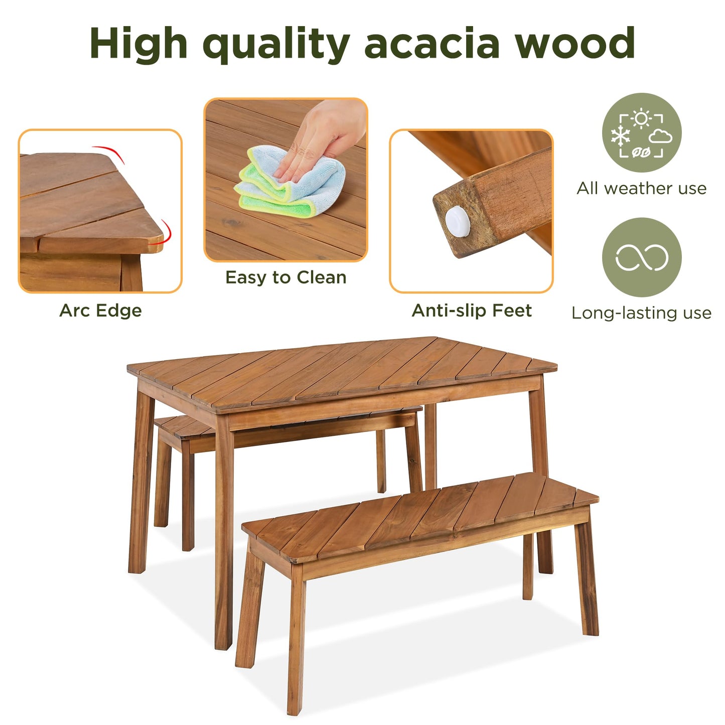 YOPTO 3 Pieces Outdoor Dining Table Set,Acacia Wood Table with 2 Bench, Outdoor & Indoor Furniture Set,Picnic Beer Table for Patio, Porch, Garden,Poolside,Natural